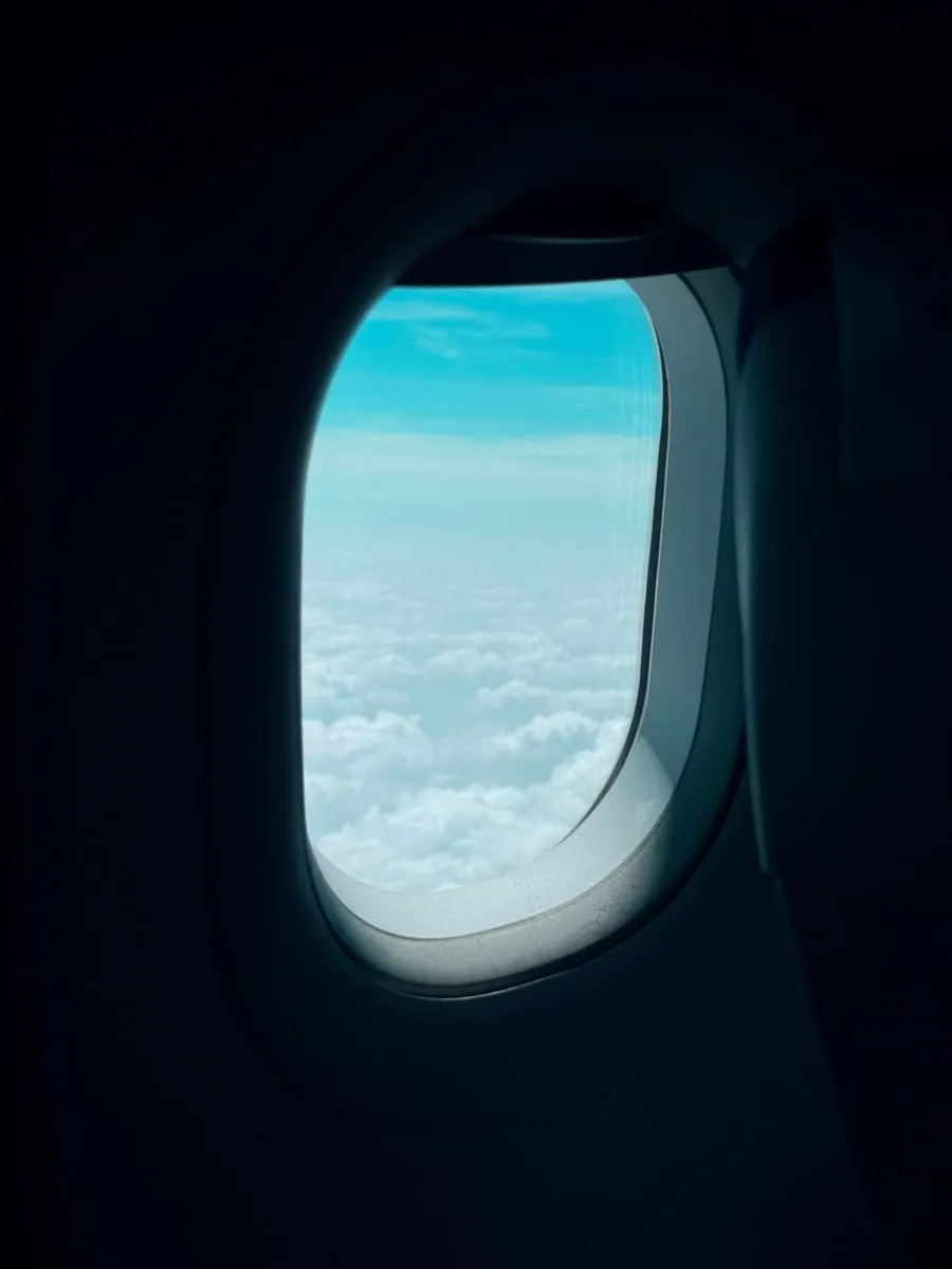 飛機窗外的雲海，機艙內部偏暗。